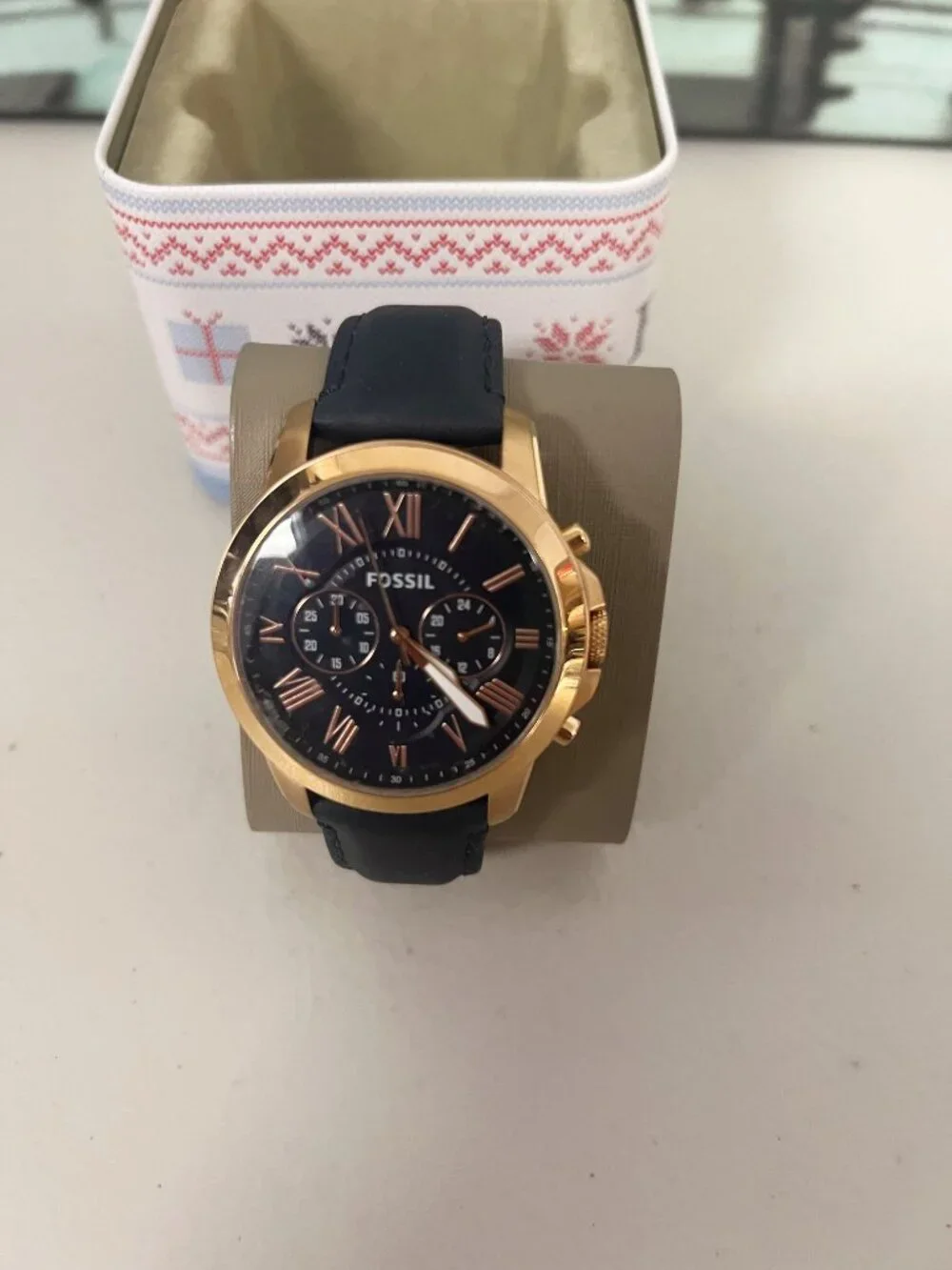 Fossil FS4835 Chronograph 44mm Rose Gold Steel Watch Navy Leather Strap